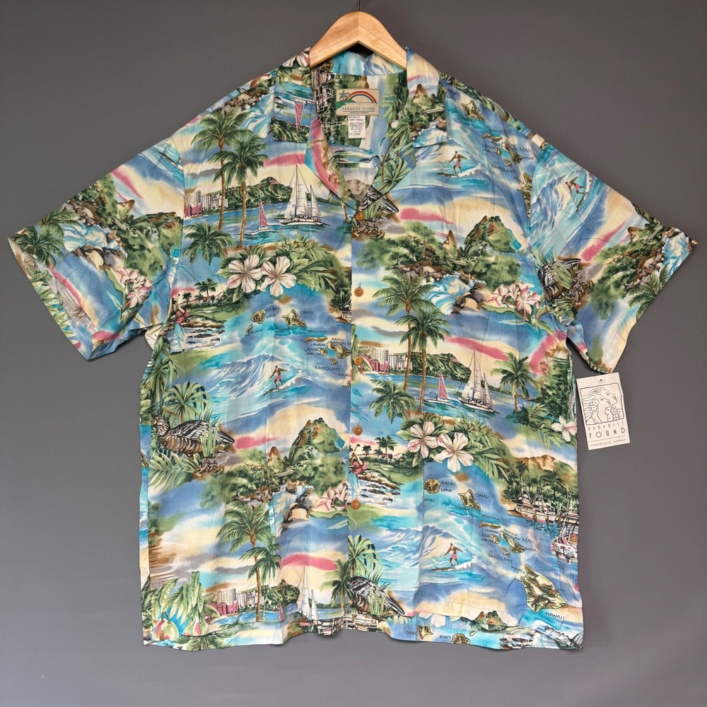 NWT Paradise Found Hawaiian Shirt 2XL Mens Blue Rayon Scenic Island Aloha Hawaii